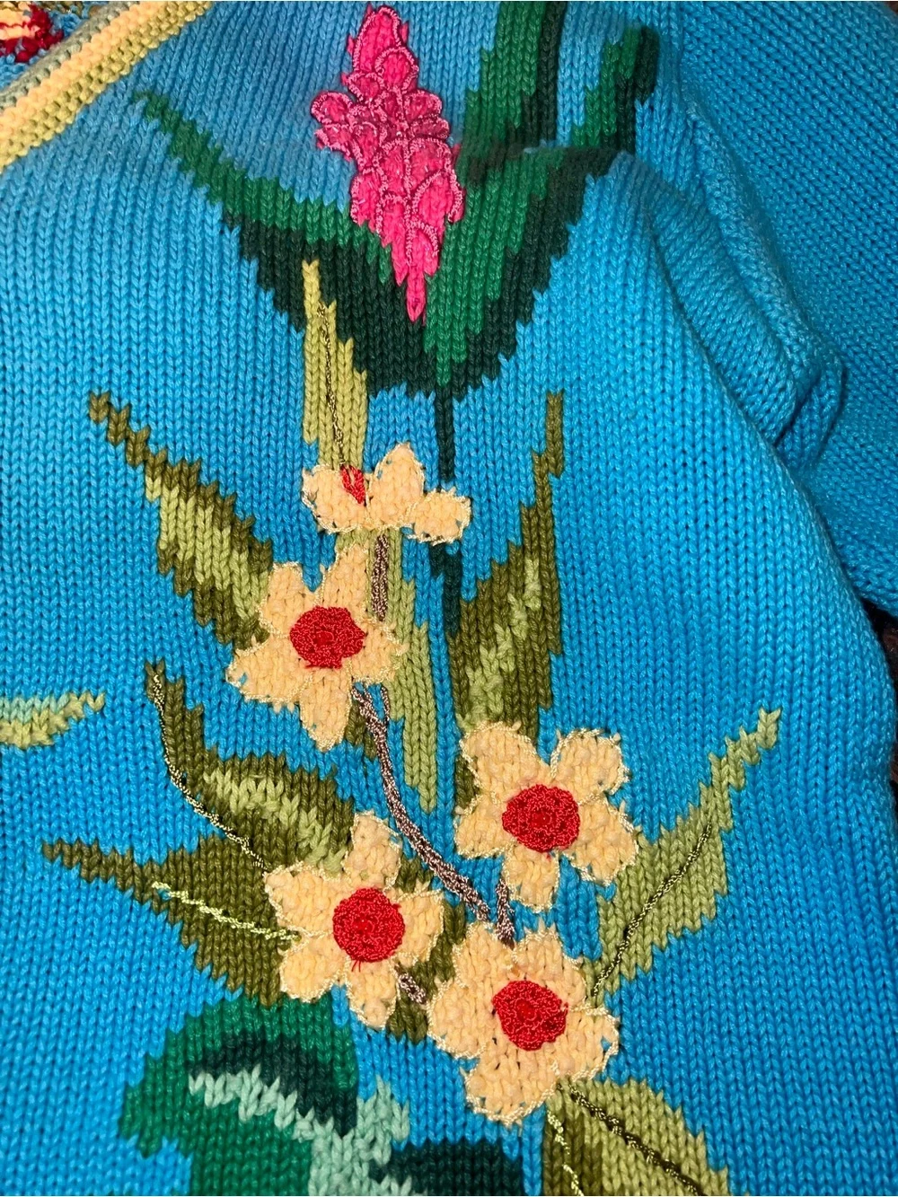 Handknits by Storybook Kruts Tropical Parrot Cardigan Turq Embroidery Sweater Lg